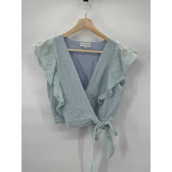 Lost + Wander Womens Top Blue S Eyelet Flutter Sleeve Crop Bottom Side Tie Wrap - Picture 1 of 4